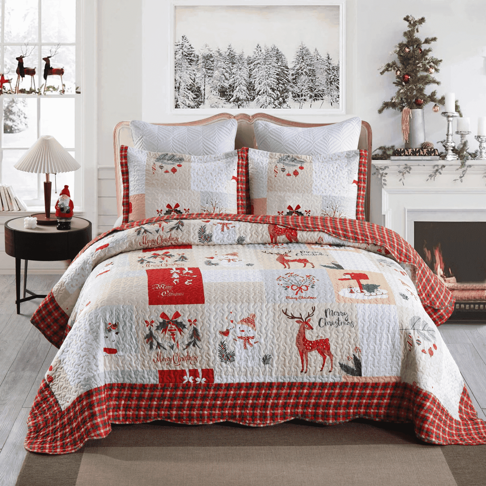 Marcielo Christmas Quilt - Mailbox, Deer, Snowman Pattern Holiday Bedding Bed Set(1 Quilt 2 Pillow Shams) - B023