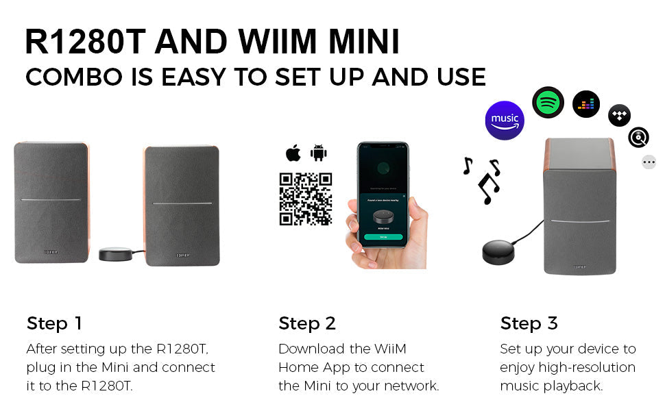 Haut-parleurs d'étagère amplifiés Edifier R1280T avec streamer audio Wi-Fi WiiM Mini