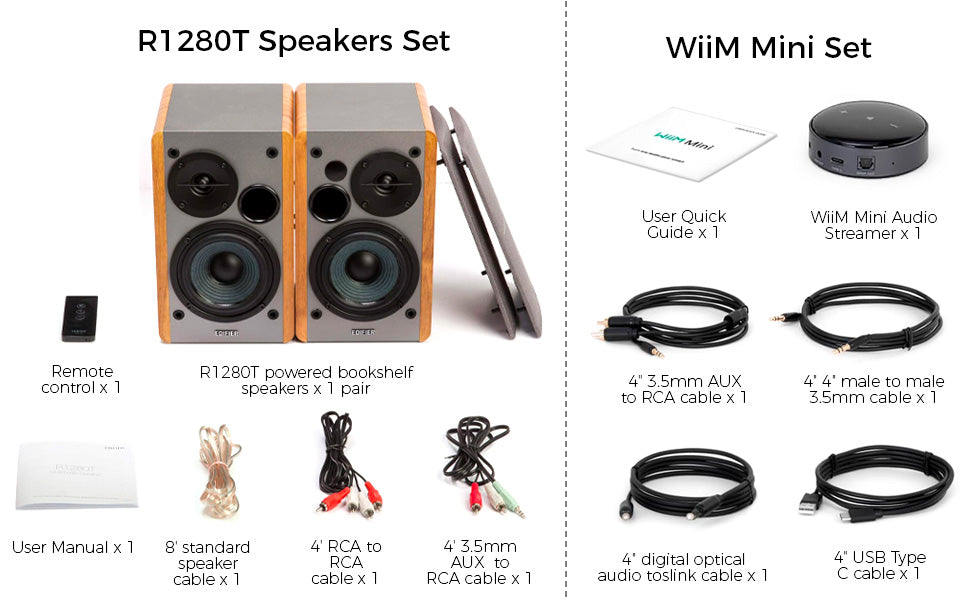 Haut-parleurs d'étagère amplifiés Edifier R1280T avec streamer audio Wi-Fi WiiM Mini