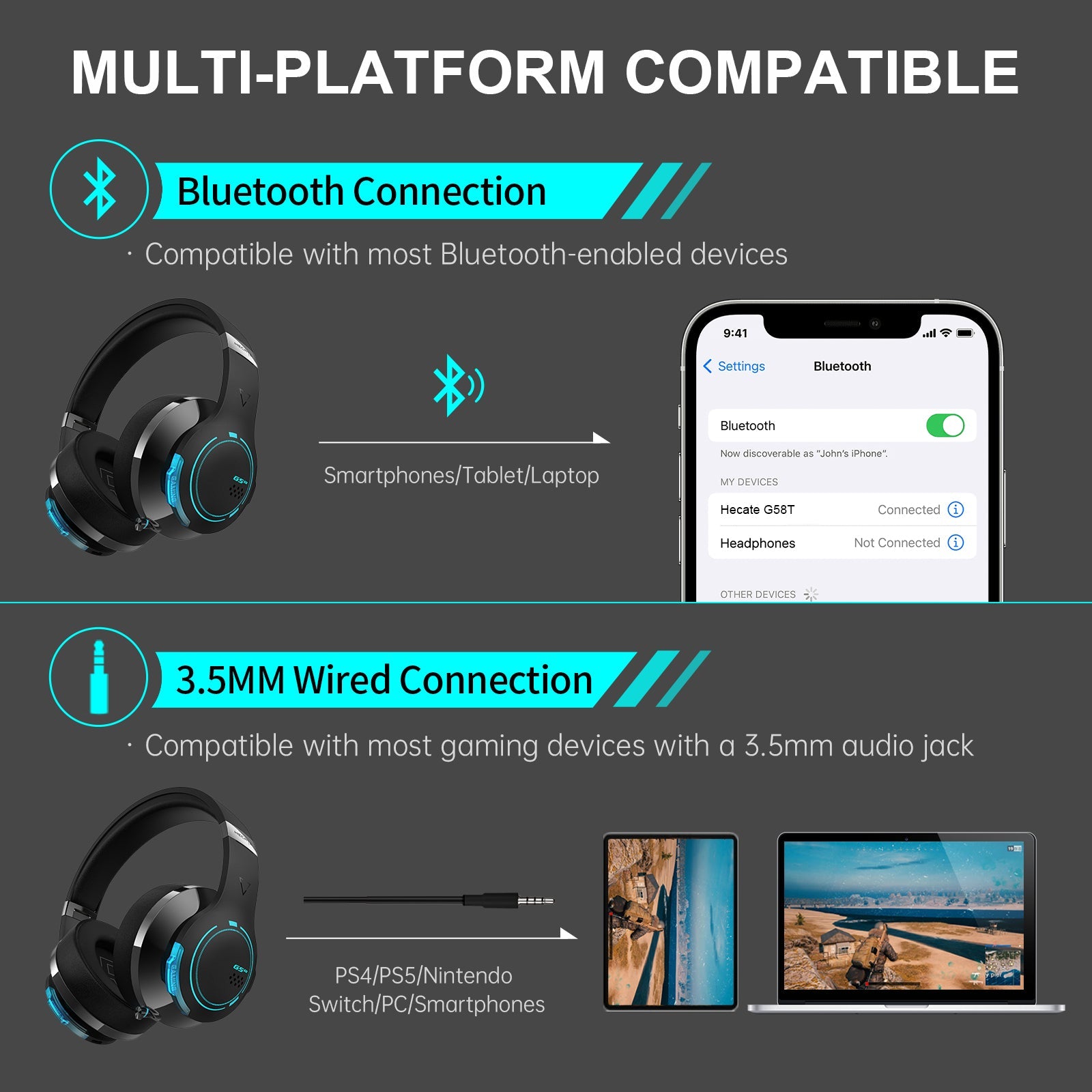 Edifier G5BT Wireless Gaming Headset for PS5, PS4, PC Mac, Nintendo Switch, 48H Playtime Ultra-Low Latency Bluetooth Gaming Headphones for Phone, Bluetooth 5.0 Over-Ear Headphone, 3.5MM Wired Mode with RGB Light