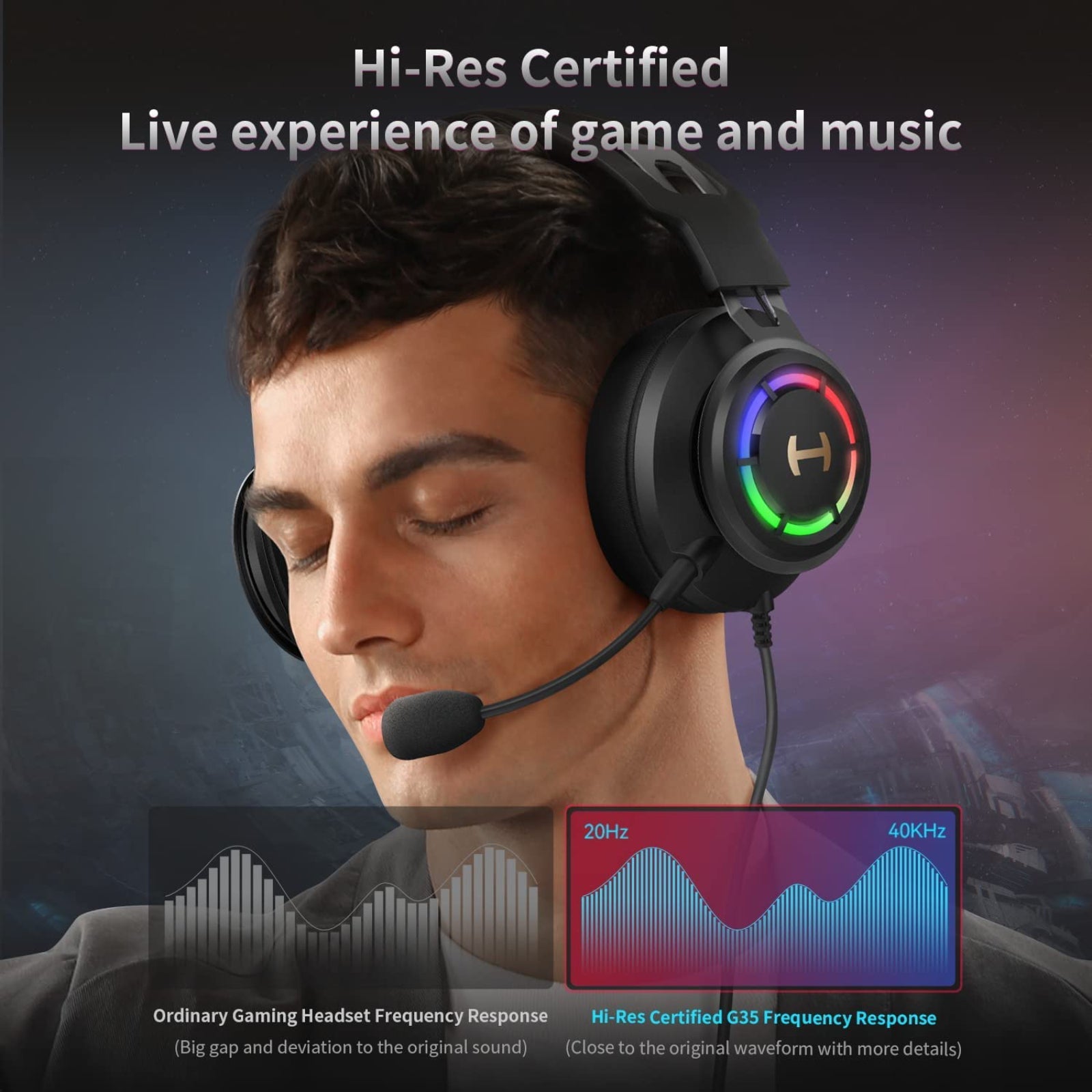 Edifier G35 PC Gaming Headset Hi-Res Sound Quality USB Over-Ear Headphone with 7.1 Surrounding Sound, 50mm Hybrid Driver, ENC Noise Cancelling Mic, 16.8m RGB Light for PC PS4 Mac Laptop Desktop