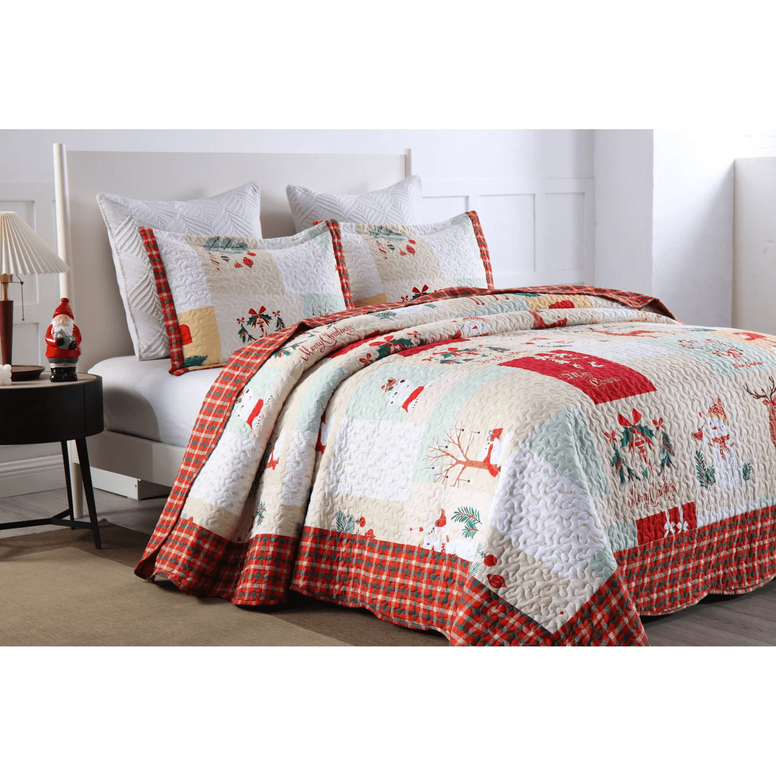 Marcielo Christmas Quilt - Mailbox, Deer, Snowman Pattern Holiday Bedding Bed Set(1 Quilt 2 Pillow Shams) - B023