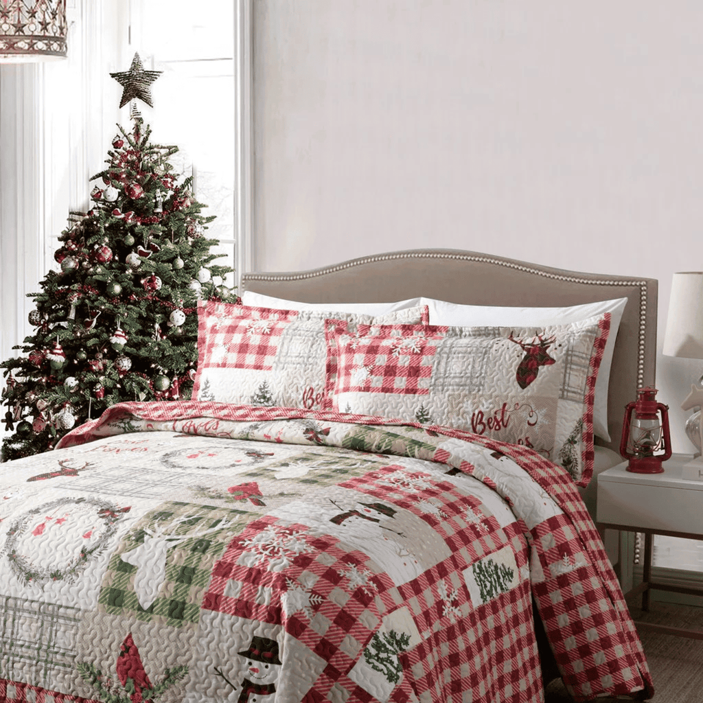 Ensemble de courtepointes de Noël Marcielo – Parure de lit de Noël avec arbre et élan (1 courtepointe, 2 taies d'oreiller) – B009