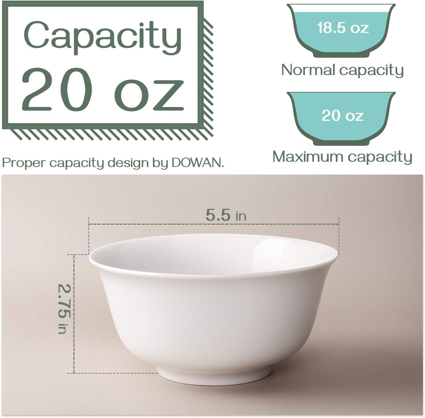 DOWAN 20 OZ Ceramic Soup Bowls & Cereal Bowls - White Bowls Set of 6 for Kitchen - Bowls for Cereal, Soup, Oatmeal, Rice, Pasta, Salad - Dishwasher & Microwave Safe
