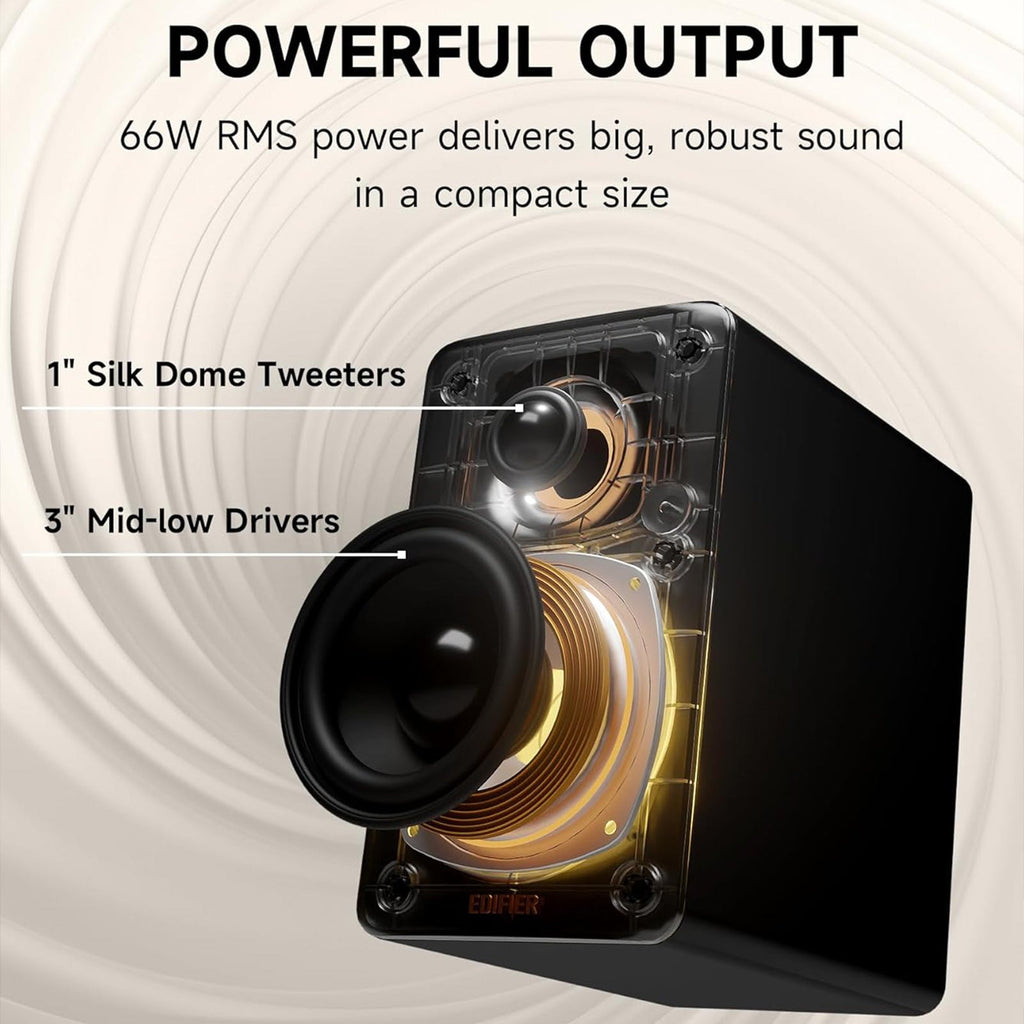 Haut-parleurs d'étagère Edifier, Haut-parleurs de bureau 66W RMS, Haut-parleurs d'ordinateur Hi-Res Audio et Hi-Res Wireless Audio, Haut-parleurs Bluetooth V5.3 avec entrée USB-C AUX et pieds