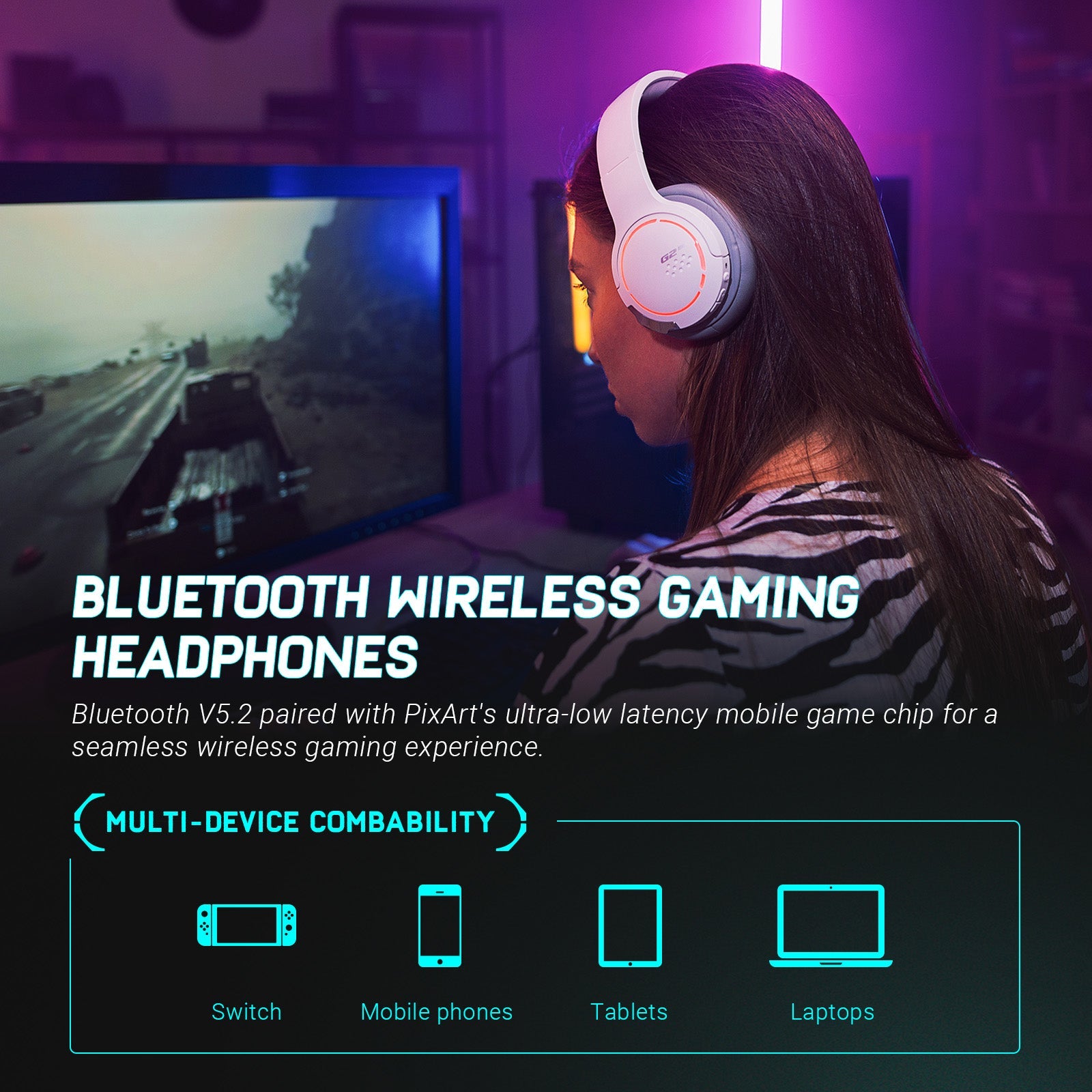 HECATE by Edifier G2BT Gaming Headset, Bluetooth 5.2 Wireless Headphones with 40mm Driver, Deep Bass Stereo Sound, Lightweight Noise Cancelling Over Ear Headphones with Soft Earmuffs, RGB Light