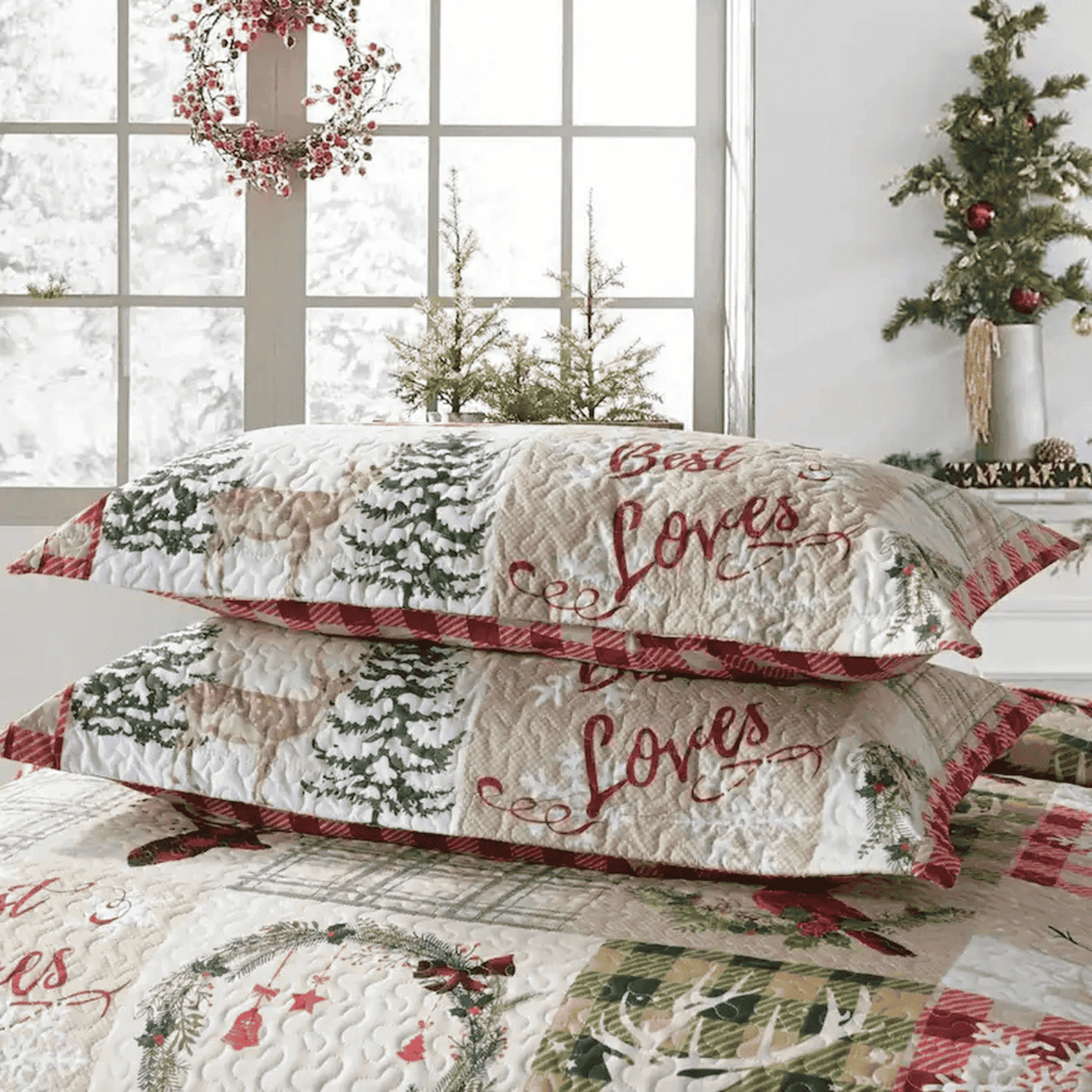 Ensemble de courtepointes de Noël Marcielo – Parure de lit de Noël avec arbre et élan (1 courtepointe, 2 taies d'oreiller) – B009