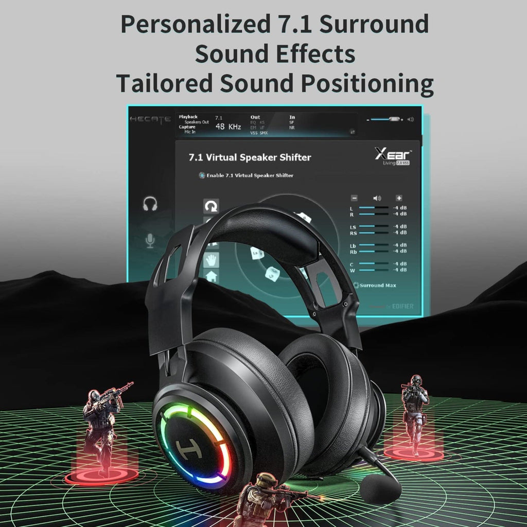 Casque Gaming PC Edifier G35 Qualité Sonore Haute Résolution Casque Circum-auriculaire USB avec Son Surround 7.1, Haut-Parleur Hybride de 50mm, Micro Antibruit ENC, Lumière RGB 16.8m pour PC PS4 Mac Ordinateur Portable de Bureau