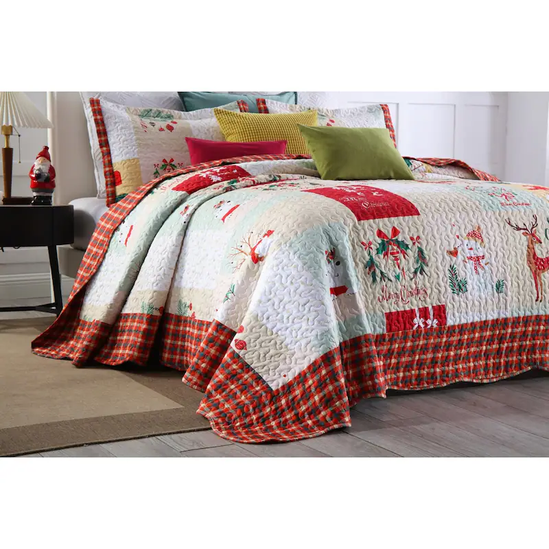 Marcielo Christmas Quilt - Mailbox, Deer, Snowman Pattern Holiday Bedding Bed Set(1 Quilt 2 Pillow Shams) - B023
