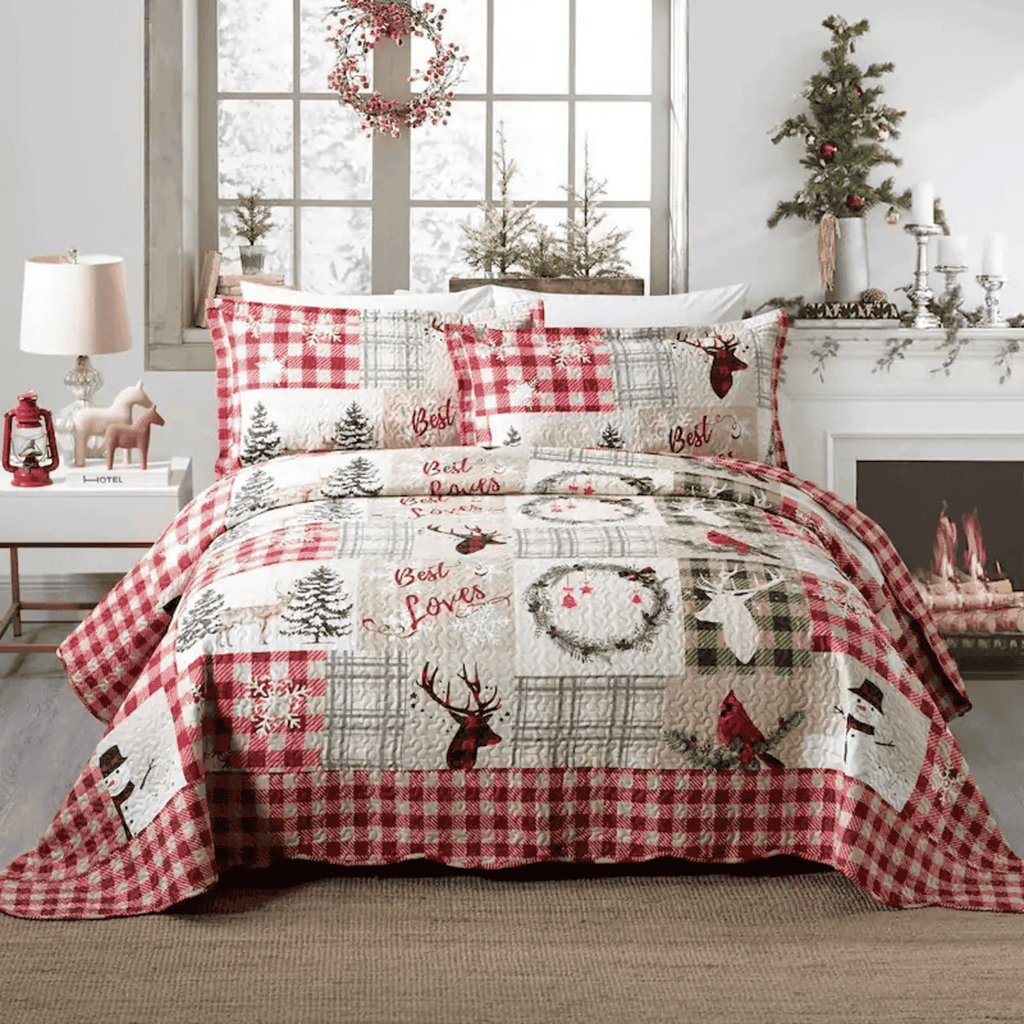 Ensemble de courtepointes de Noël Marcielo – Parure de lit de Noël avec arbre et élan (1 courtepointe, 2 taies d'oreiller) – B009
