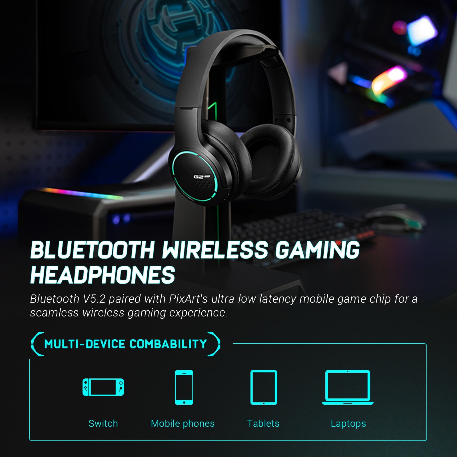 HECATE by Edifier G2BT Gaming Headset, Bluetooth 5.2 Wireless Headphones with 40mm Driver, Deep Bass Stereo Sound, Lightweight Noise Cancelling Over Ear Headphones with Soft Earmuffs, RGB Light
