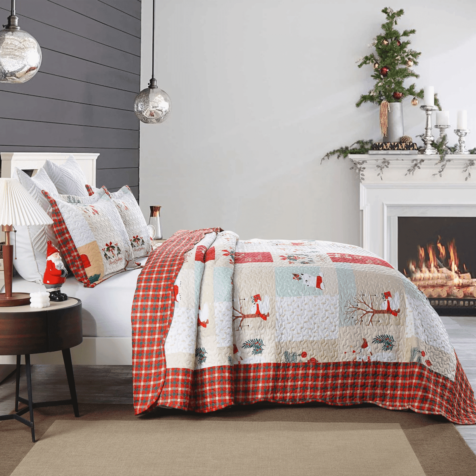 Marcielo Christmas Quilt - Mailbox, Deer, Snowman Pattern Holiday Bedding Bed Set(1 Quilt 2 Pillow Shams) - B023