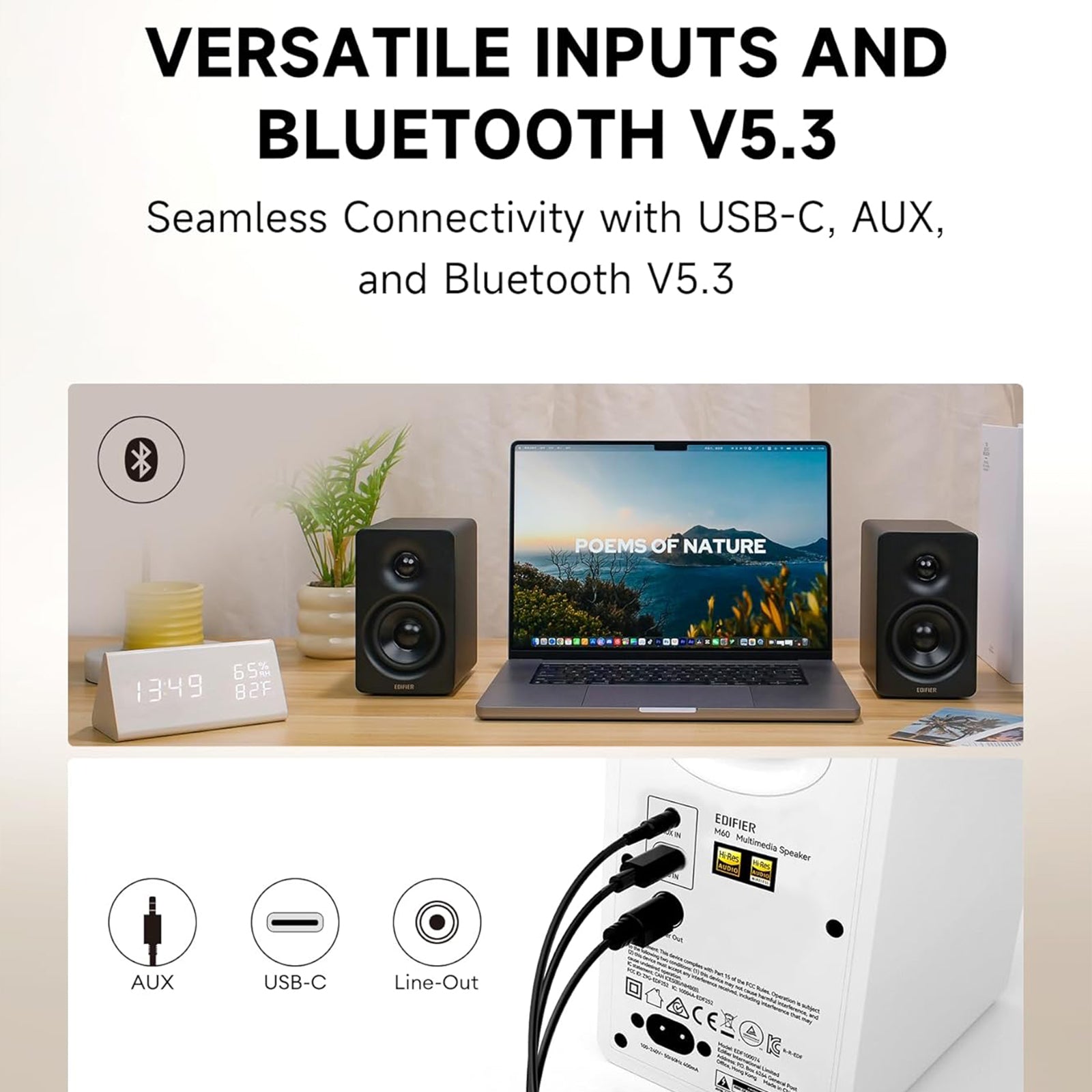 Edifier M60 Multimedia Speaker Bluetooth 5.3, 66W RMS Desktop Speakers, Hi-Res Audio & Hi-Res Wireless Audio Computer Speakers, Bluetooth V5.3 Speakers with USB-C AUX Input and Stands