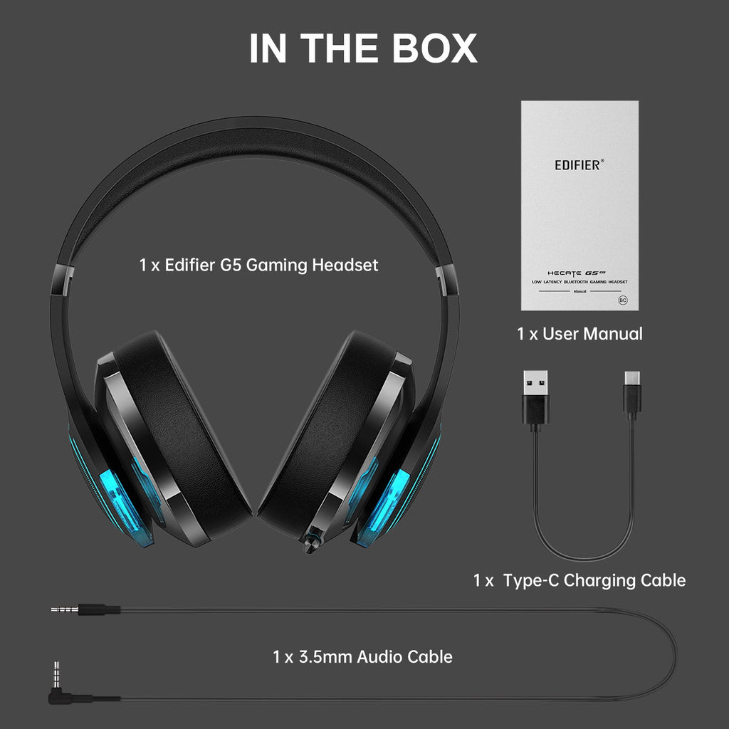 Casque de jeu Bluetooth sans fil Edifier G5BT, casque supra-auriculaire filaire avec micro, lumière RVB, audio haute résolution, coussinets d'oreille doux à mémoire de forme, prise audio 3,5 mm, pour PC, PS5, PS4, Nintendo Switch