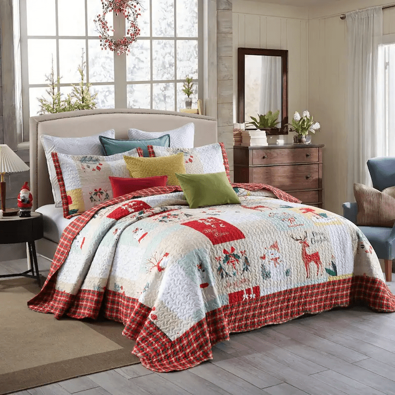 Marcielo Couette de Noël - Boîte aux lettres, Cerf, Bonhomme de neige Motif Literie de Vacances Ensemble de Literie (1 Couette 2 Taies d'oreiller) - B023