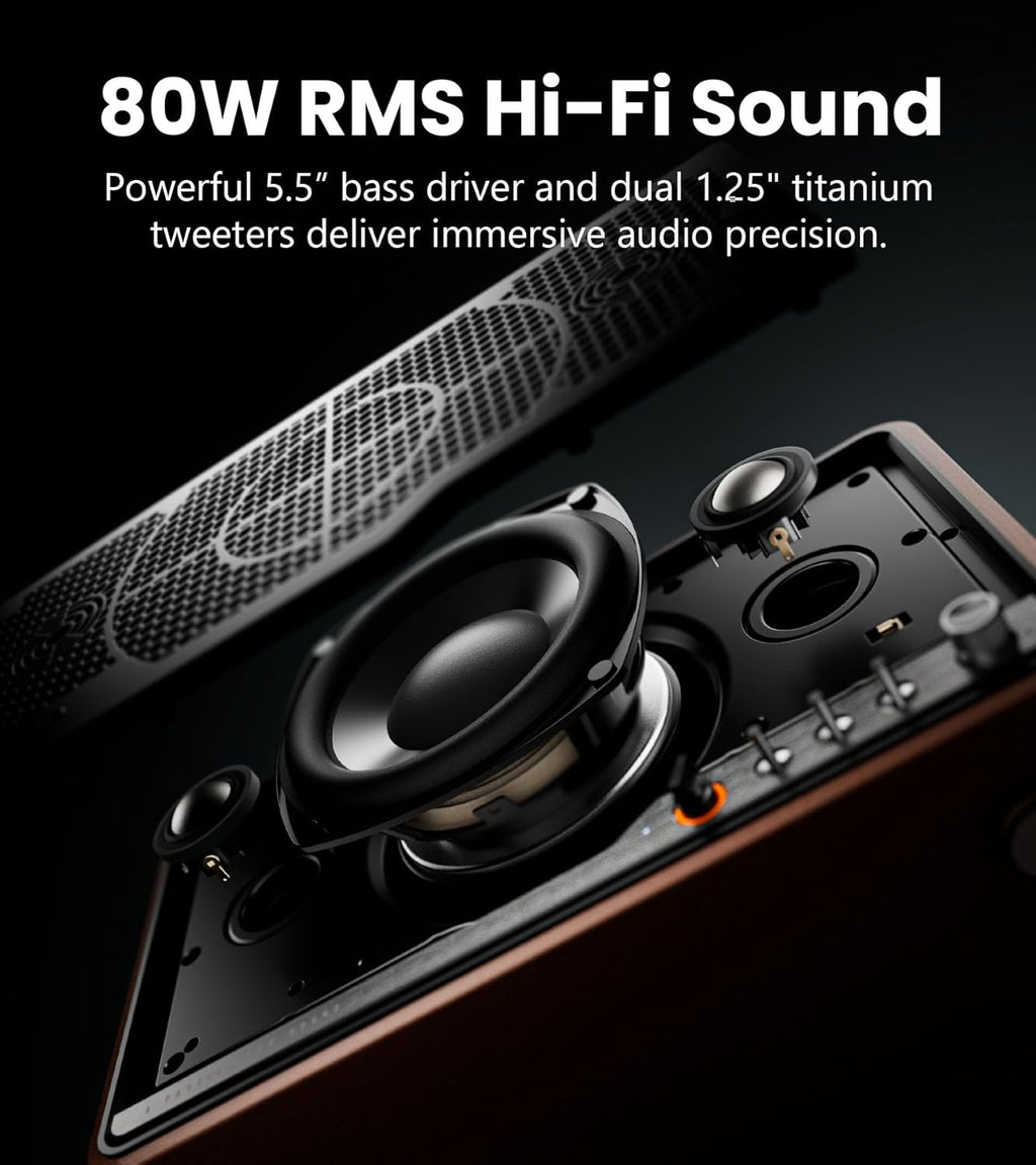 Haut-parleur de table Hi-Fi Edifier S300, audio haute résolution LDAC pour appairage stéréo et multi-pièces sans fil, puissance de 80 W compatible AirPlay 2, Bluetooth 5.4, entrées USB-C et AUX, design rétro avec télécommande