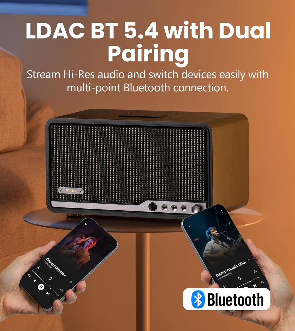 Haut-parleur de table Hi-Fi Edifier S300, audio haute résolution LDAC pour appairage stéréo et multi-pièces sans fil, puissance de 80 W compatible AirPlay 2, Bluetooth 5.4, entrées USB-C et AUX, design rétro avec télécommande