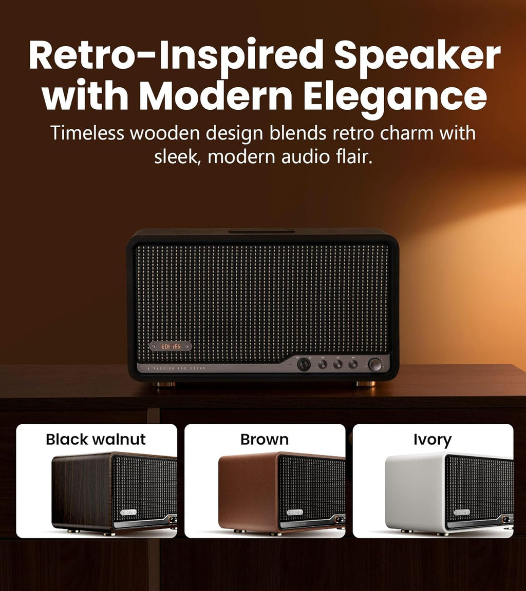 Haut-parleur de table Hi-Fi Edifier S300, audio haute résolution LDAC pour appairage stéréo et multi-pièces sans fil, puissance de 80 W compatible AirPlay 2, Bluetooth 5.4, entrées USB-C et AUX, design rétro avec télécommande