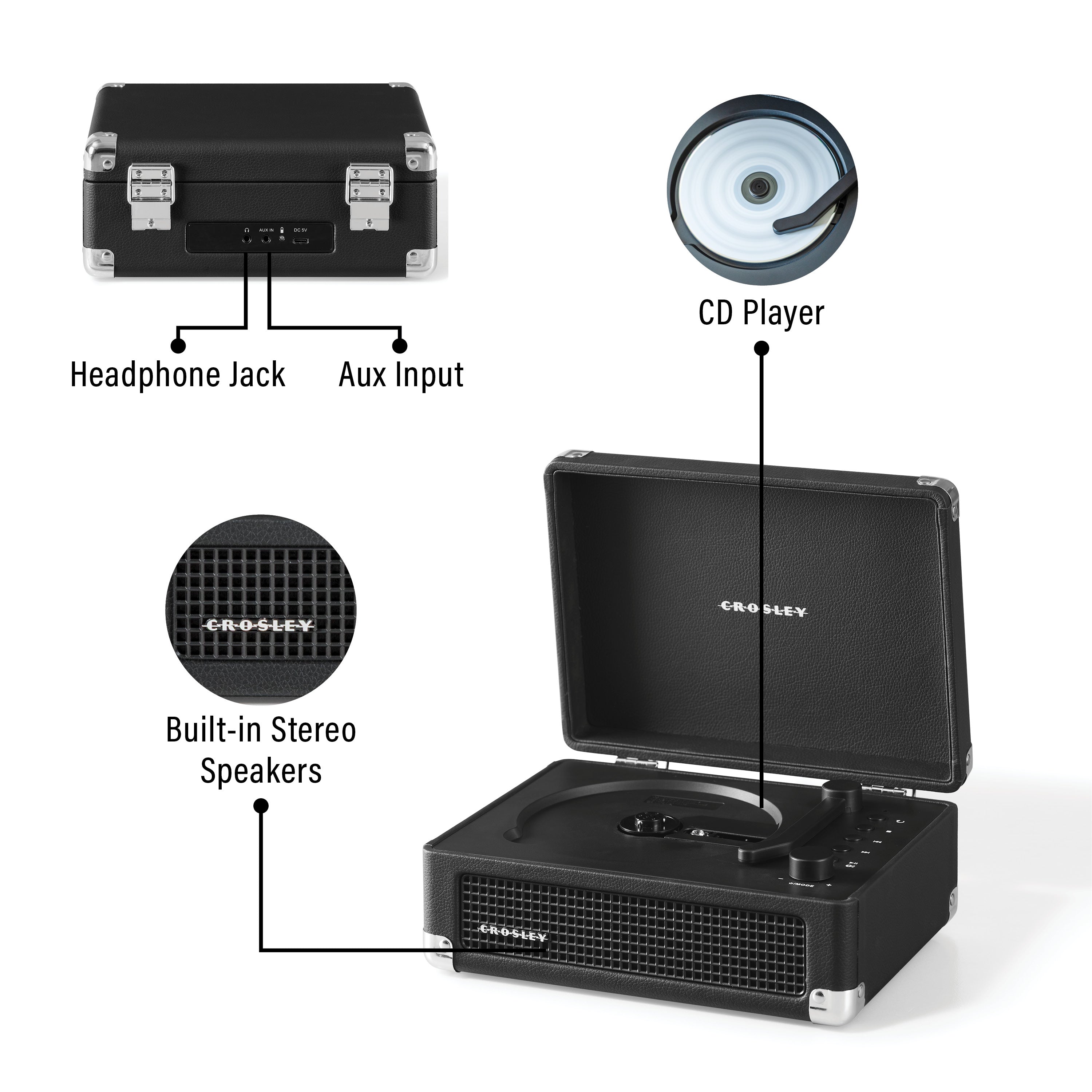 Crosley Cruiser Retro Portable CD Player with Stereo Bluetooth Speakers and FM Radio- Black