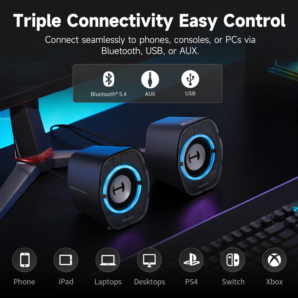 Enceintes d'ordinateur de bureau Edifier G1000 II pour gaming, haut-parleur pleine gamme de 2,5" et basses améliorées, Bluetooth 5.4 USB-C AUX, 9 modes d'éclairage RVB dynamiques pour PC