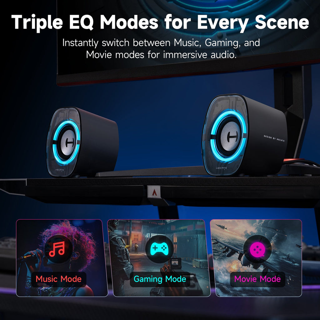 Enceintes d'ordinateur de bureau Edifier G1000 II pour gaming, haut-parleur pleine gamme de 2,5" et basses améliorées, Bluetooth 5.4 USB-C AUX, 9 modes d'éclairage RVB dynamiques pour PC
