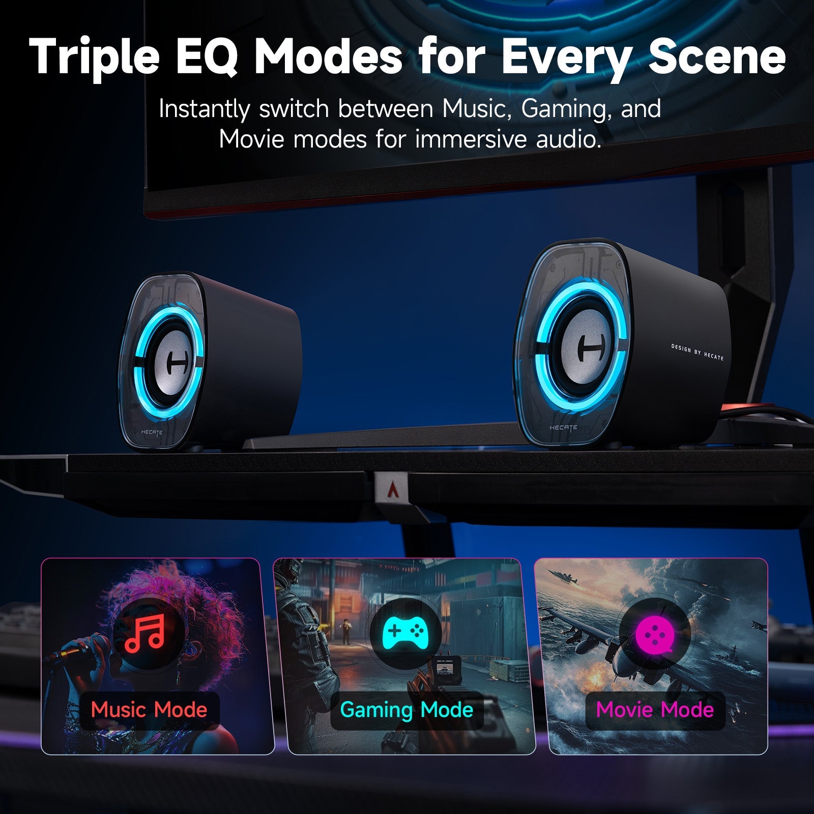 Enceintes d'ordinateur de bureau Edifier G1000 II pour gaming, haut-parleur pleine gamme de 2,5" et basses améliorées, Bluetooth 5.4 USB-C AUX, 9 modes d'éclairage RVB dynamiques pour PC