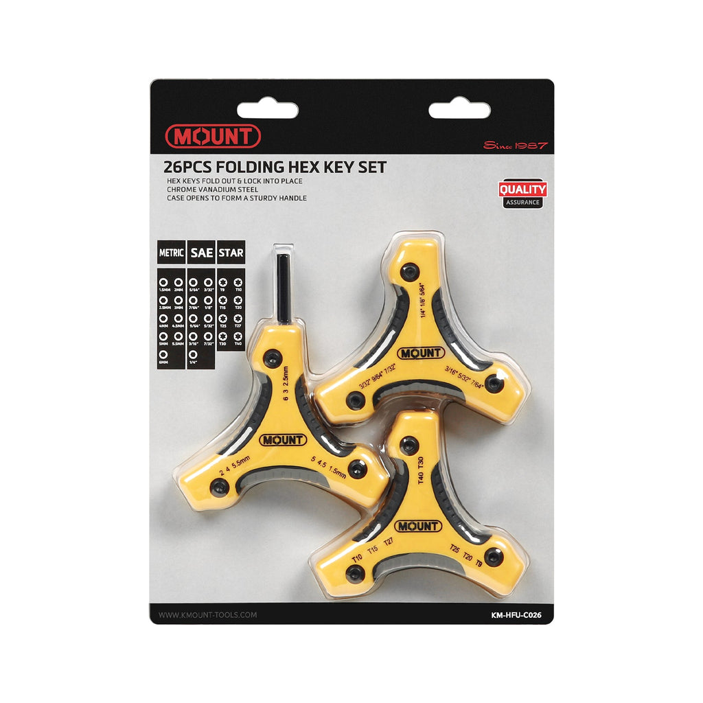 Jeu de 26 clés mâles pliantes Mount, métriques/SAE/Torx