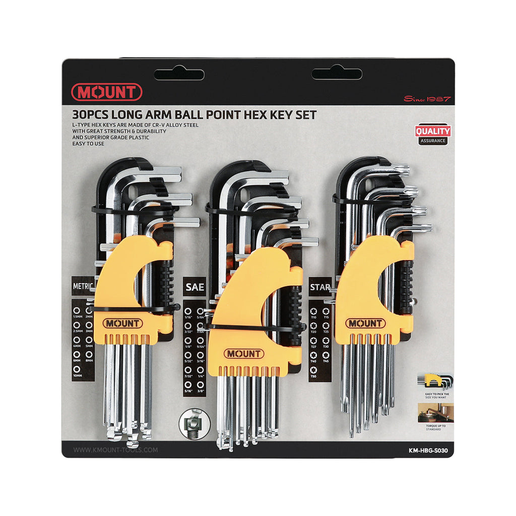Jeu de 30 clés Allen à tête sphérique longues Mount, métriques/SAE/Torx