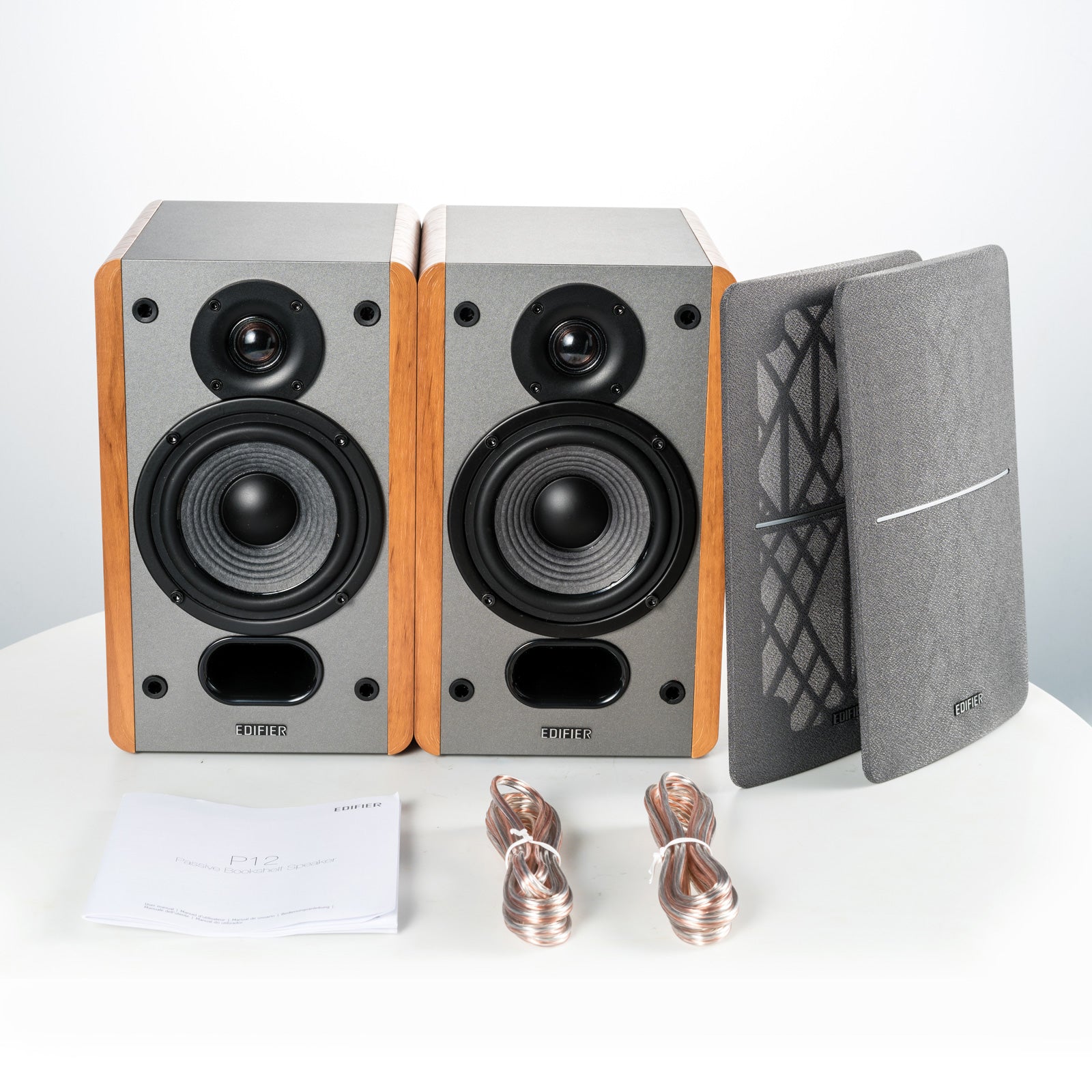 Edifier P12 Passive Bookshelf Speakers - 2-way Speakers with Built-in Wall-Mount Bracket - Wood Color - Pair - Needs amplifier or receiver to operate