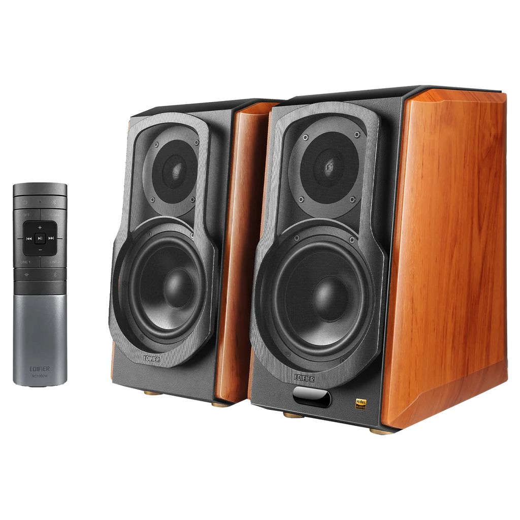 Haut-parleurs d'étagère actifs WiFi Edifier 2.0, haut-parleur Hi-Fi sans fil, compatible avec Alexa, prend en charge AirPlay 2, Spotify Connect, système audio RMS 120 W avec Bluetooth/optique/RCA x 2/coaxial - S1000W - Paire