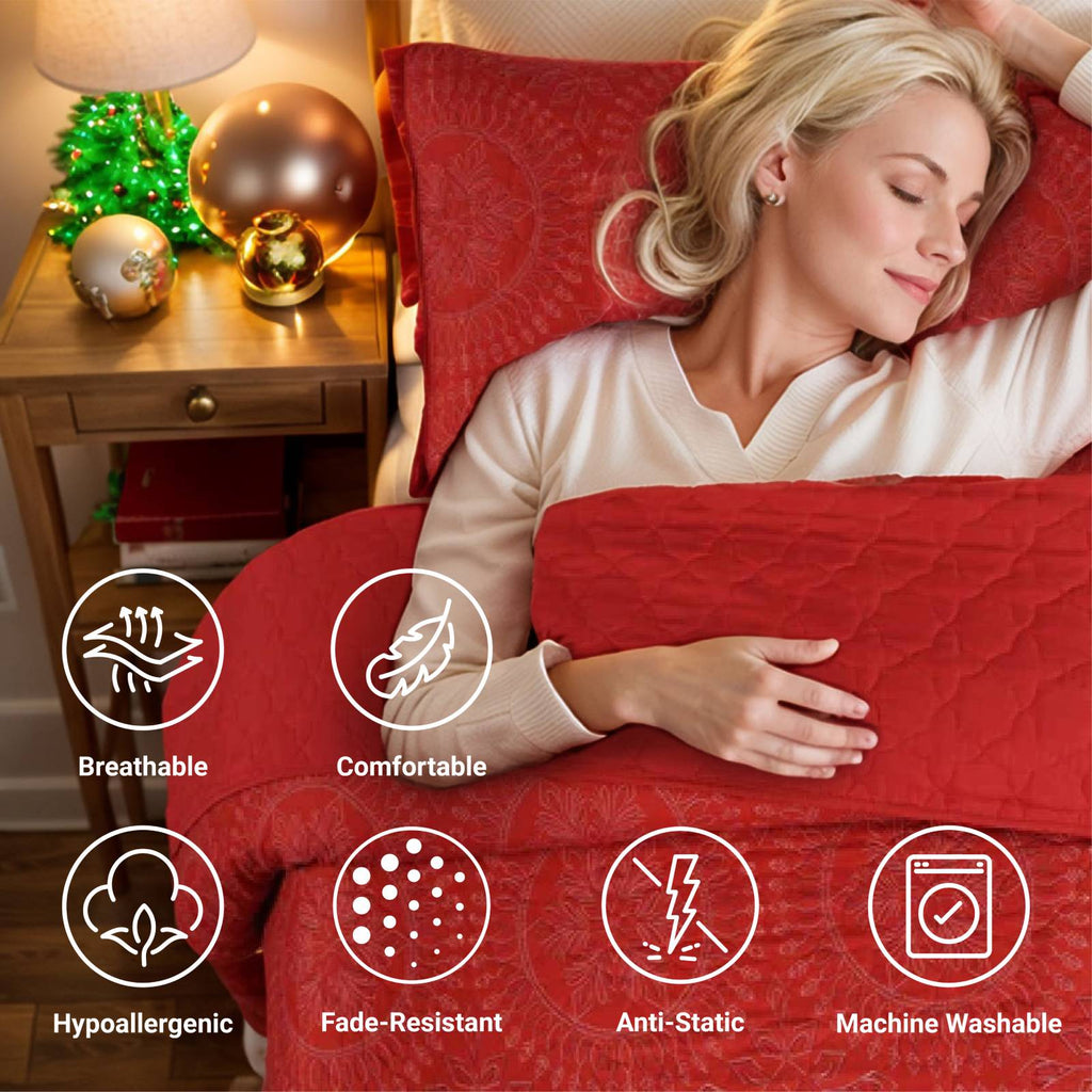 Ensemble de literie matelassée à motif médaillon Marcielo – Housse de couette de Noël (Dessus-de-lit matelassé avec 2 taies d'oreiller pour toutes les saisons) – Rouge