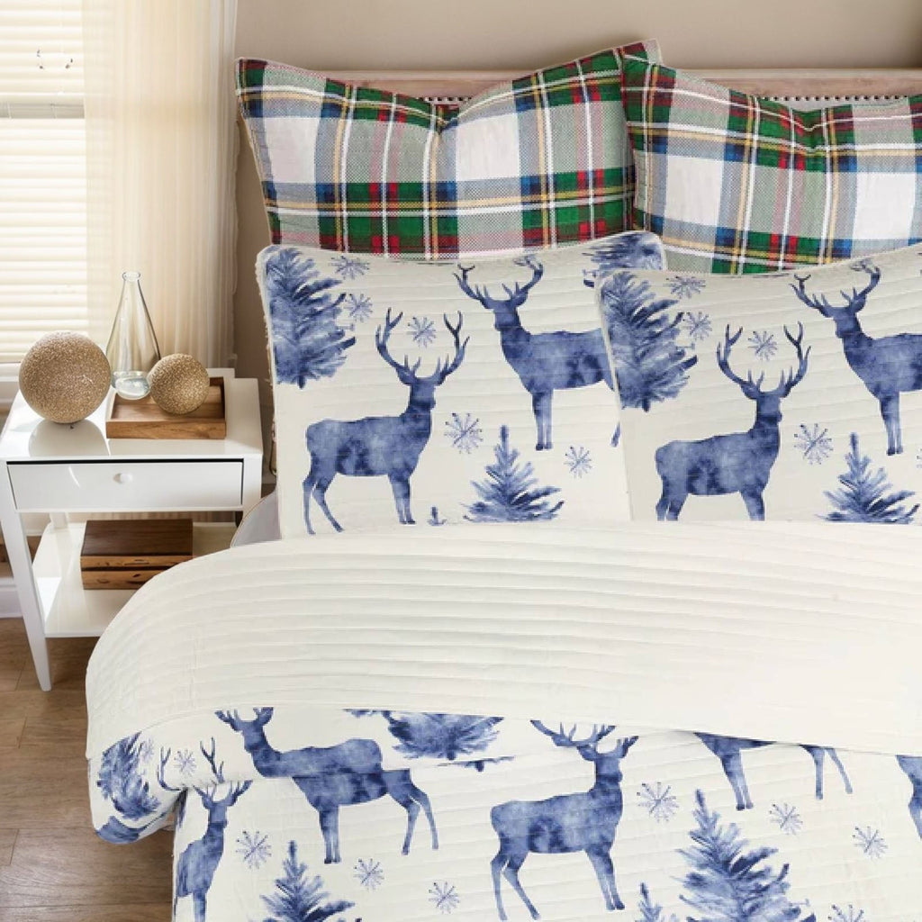 Parure de lit matelassée Marcielo à motif cerf - Housse de couette de Noël (Dessus de lit matelassé avec 2 taies d'oreiller pour toutes les saisons)