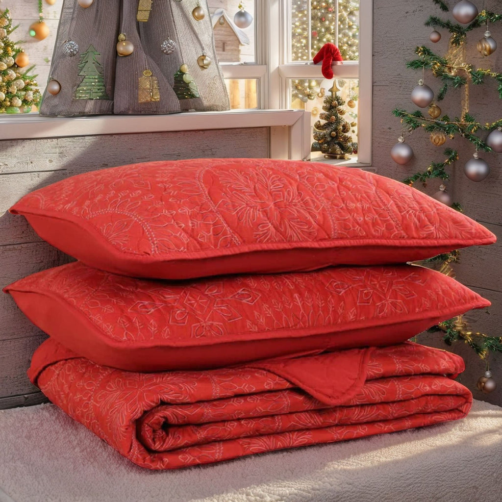 Ensemble de literie matelassée à motif médaillon Marcielo – Housse de couette de Noël (Dessus-de-lit matelassé avec 2 taies d'oreiller pour toutes les saisons) – Rouge