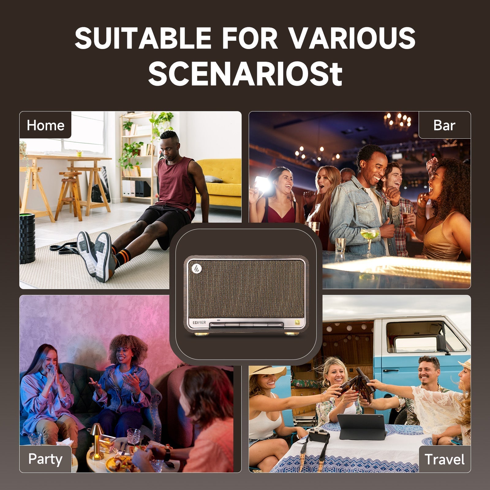 Enceintes Bluetooth Edifier D32 de table, Enceinte sans fil portable rétro, Système audio Wi-Fi et Bluetooth de 60W RMS compatible avec AirPlay2, Connexion multipoint, 11 heures d'autonomie
