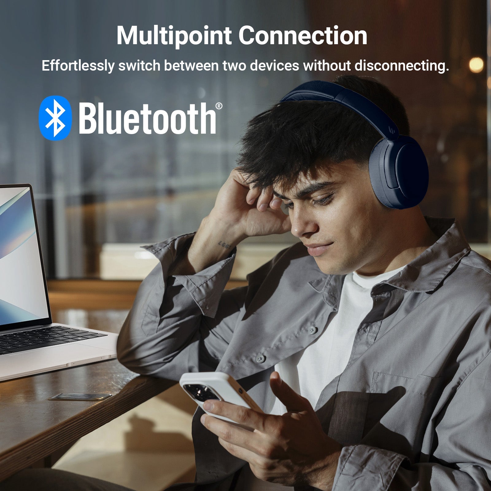 Casque supra-auriculaire Bluetooth Edifier V80 à réduction de bruit active hybride, sans fil, avec 45h d'autonomie, audio haute résolution filaire, chargement rapide, connexion multipoint pour les voyages et le bureau