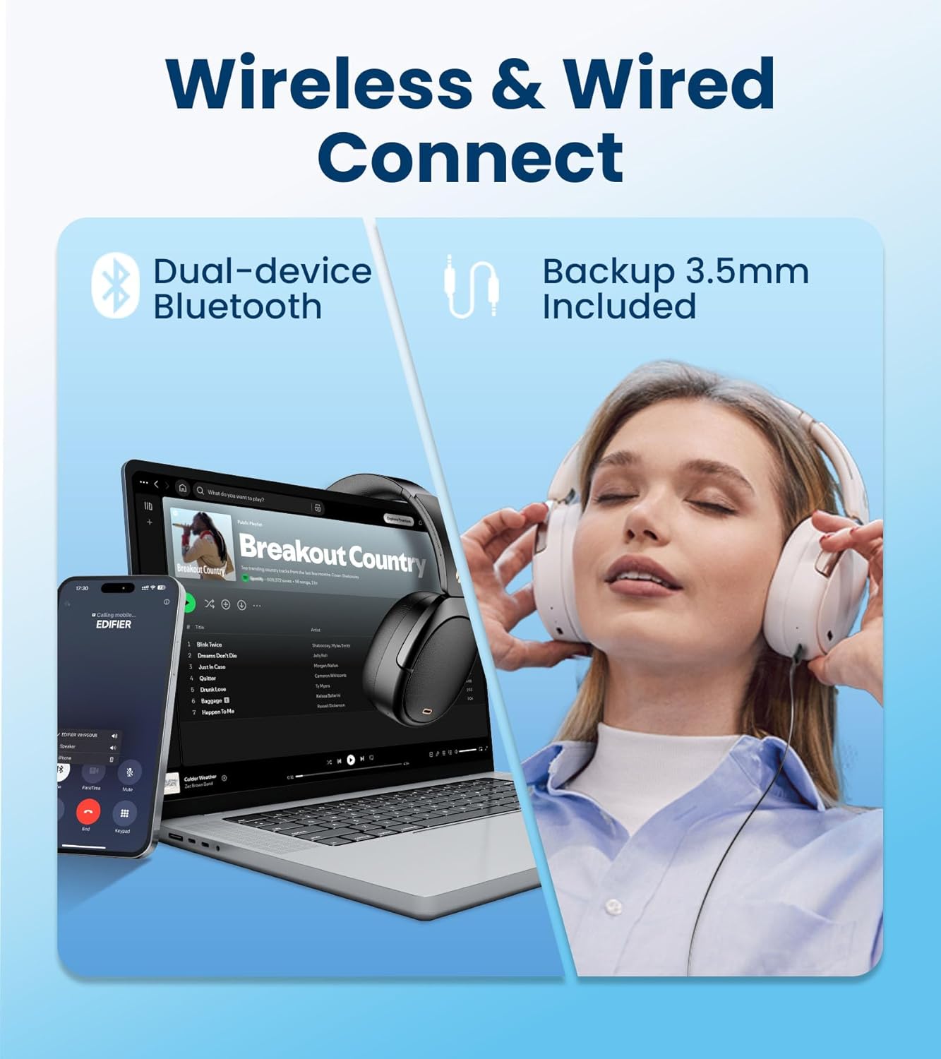 Casque sans fil à réduction de bruit active hybride Edifier WH950NB Gen 2, audio haute résolution avec LDAC ANC à 8 niveaux, son spatial, autonomie de 80h, Bluetooth 5.4, pliable, prise AUX 3,5 mm, étui de voyage
